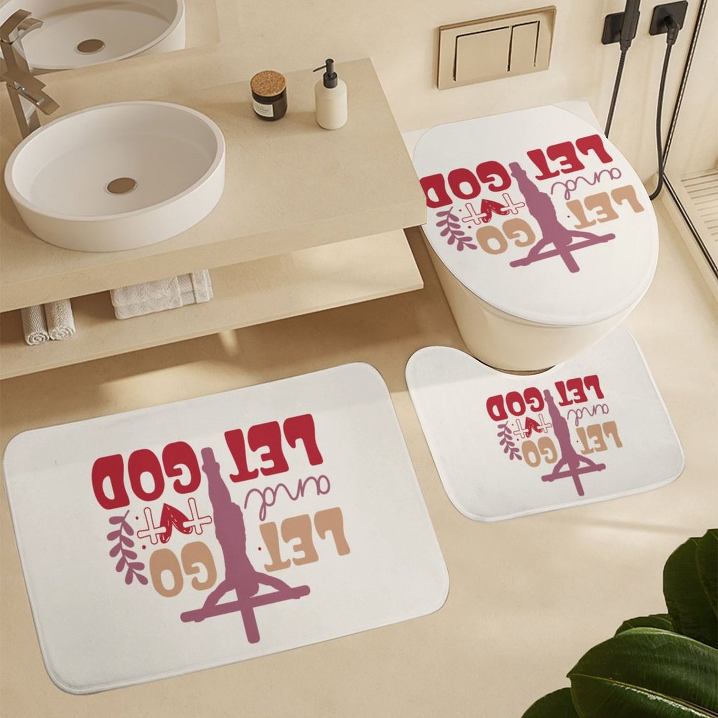 Let Go Christian Shower Curtain Set with a bath rug, a contour rug and a toilet lid cover.