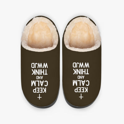 Keep Calm And Think WWJD Fluffy Christian Bedroom Slippers - Cozy and Faith-Inspired Footwear - ClaimedbyGodDesigns