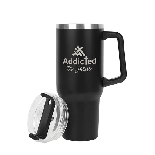 Addicted To Jesus 40oz Stainless Steel Christian Tumbler Travel Mug with Handle and Straw for Cup Holder - ClaimedbyGodDesigns