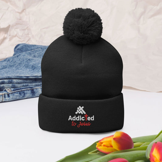 Addicted To Jesus Adult Christian Pom-Pom Beanie - ClaimedbyGodDesigns