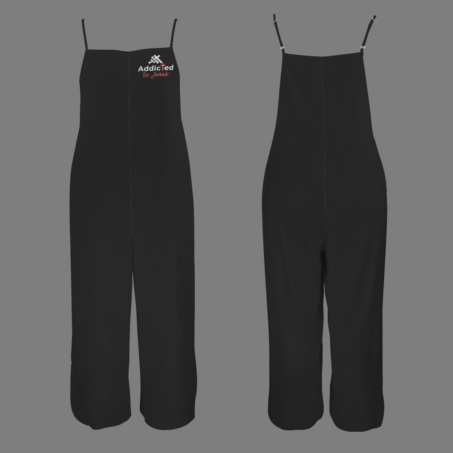 Addicted To Jesus Women's Christian Spaghetti Straps Pocket Wide Leg Jumpsuit - ClaimedbyGodDesigns