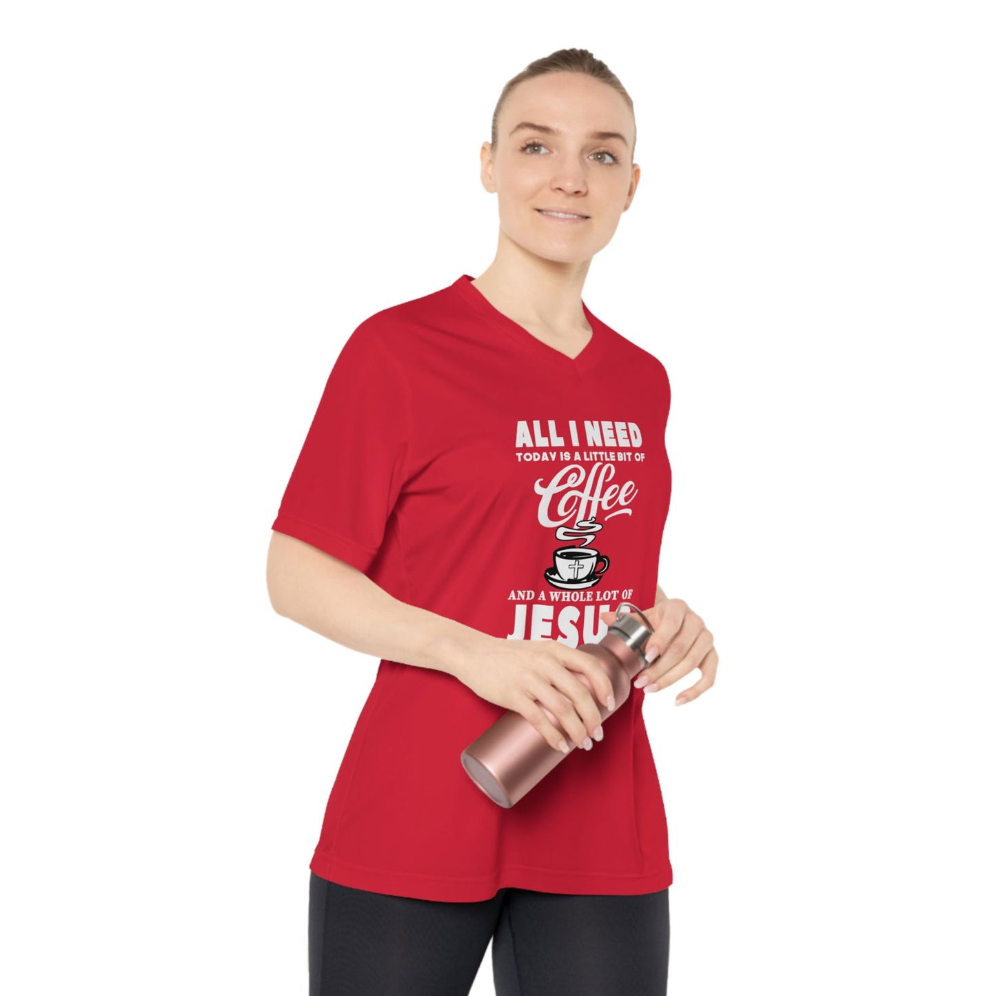 All I Need Is A Little Bit Of Coffee And Alot Of Jesus Women's Christian Performance V Neck T-Shirt - ClaimedbyGodDesigns