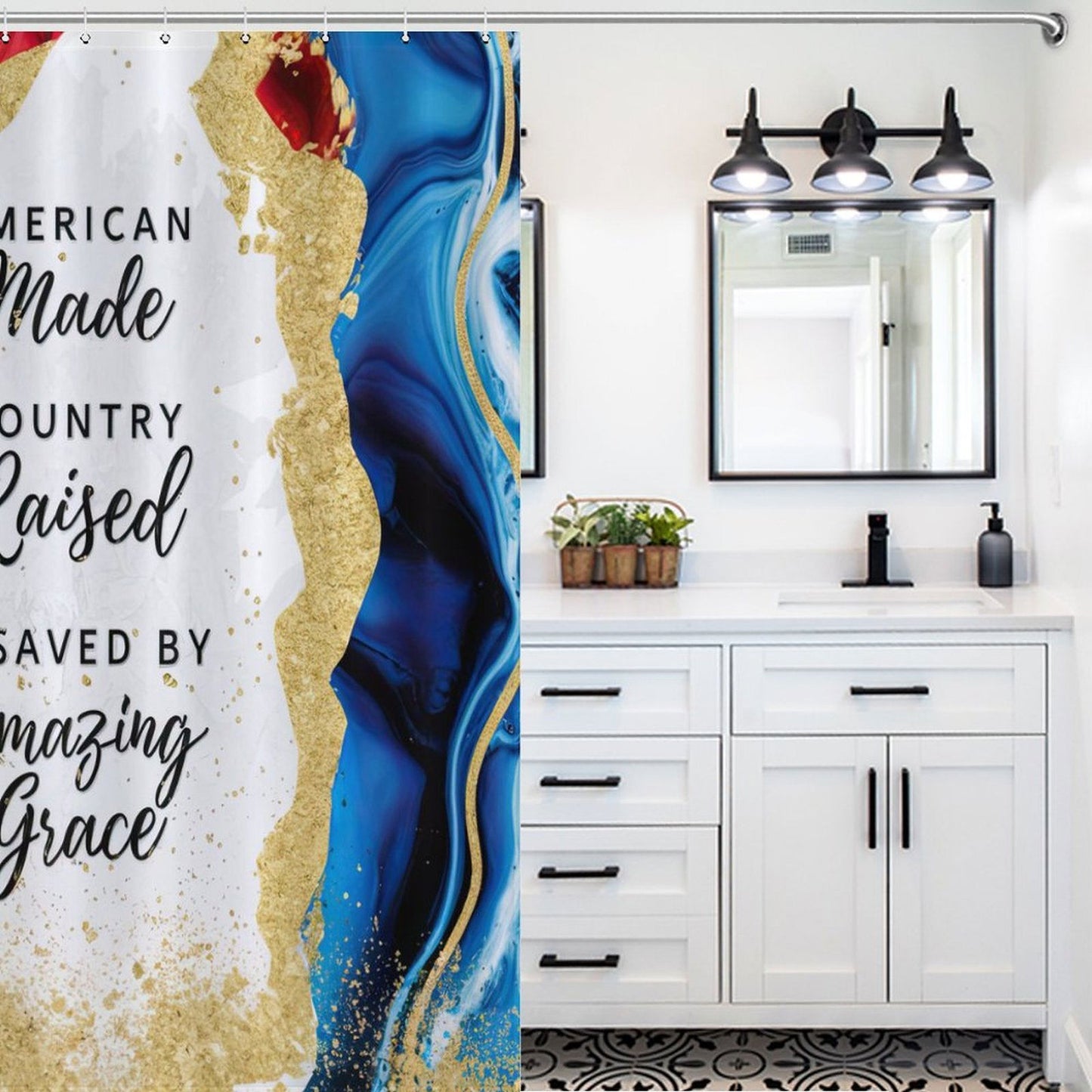 American Made Country Raised and Saved By Amazing Grace Patriotic Christian Shower Curtain-66x72Inch (168x183cm) - ClaimedbyGodDesigns