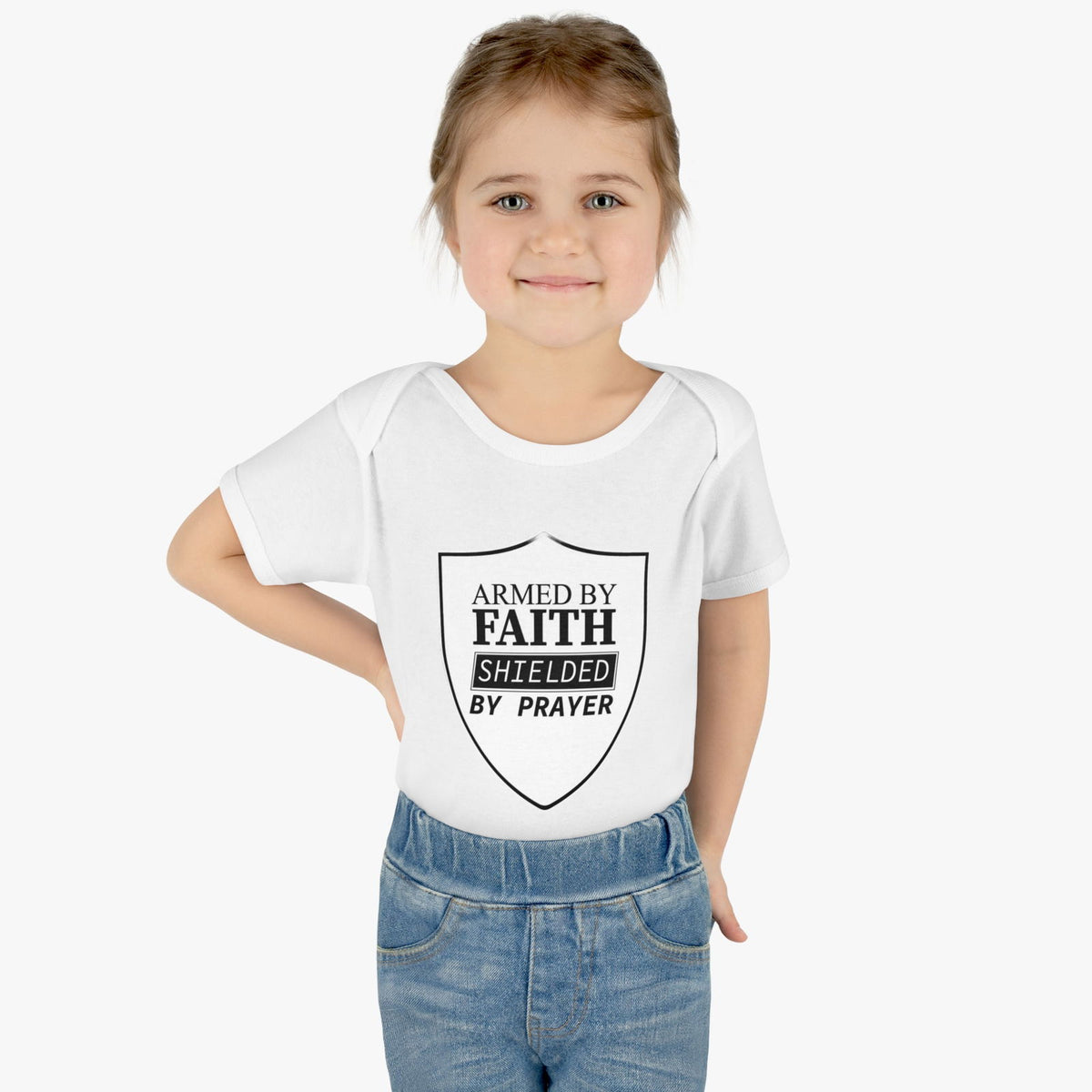 Armed By Faith Shielded By Prayer Christian Baby Onesie - ClaimedbyGodDesigns