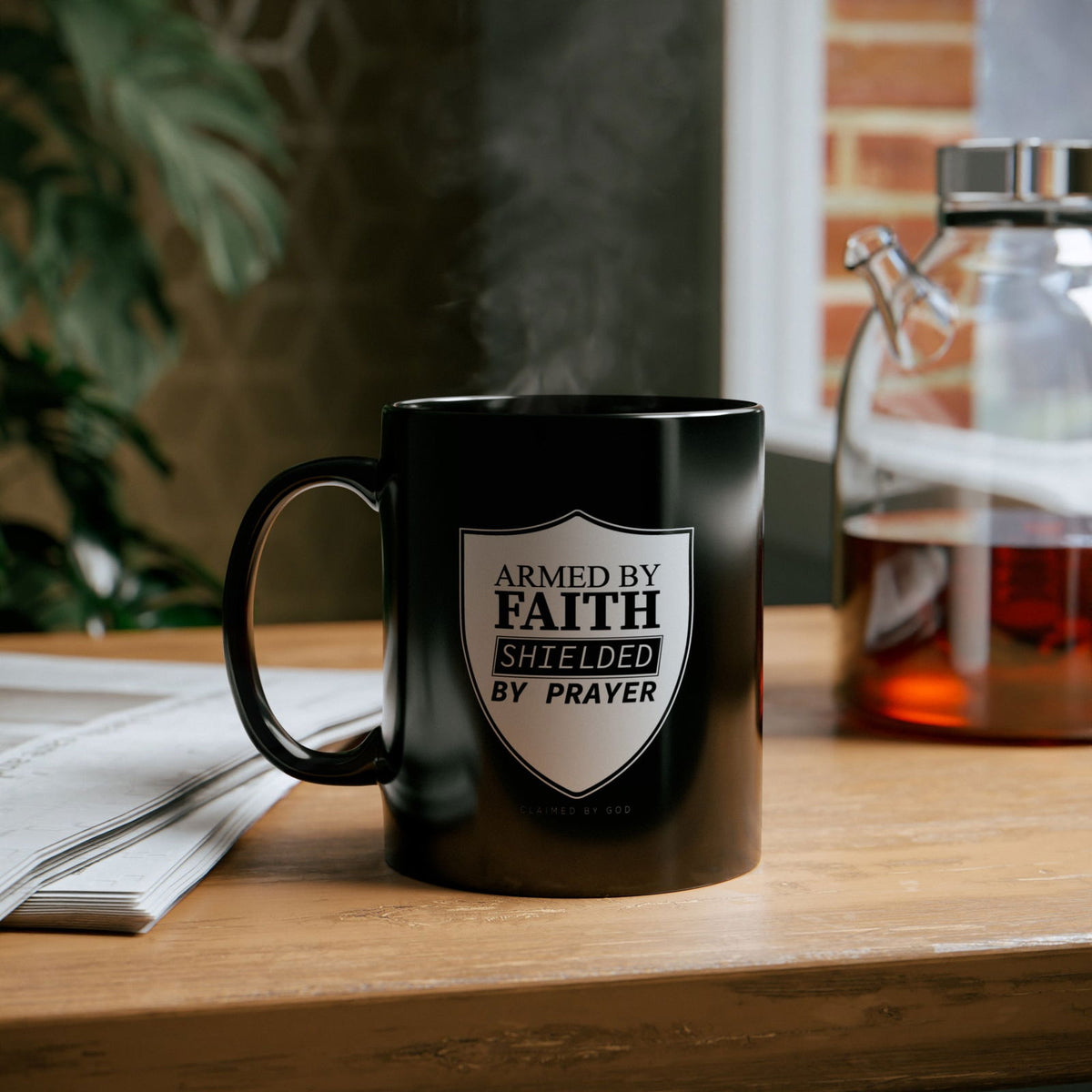 Armed By Faith Shielded By Prayer Christian Black Ceramic Mug 11oz (double sided print) - ClaimedbyGodDesigns