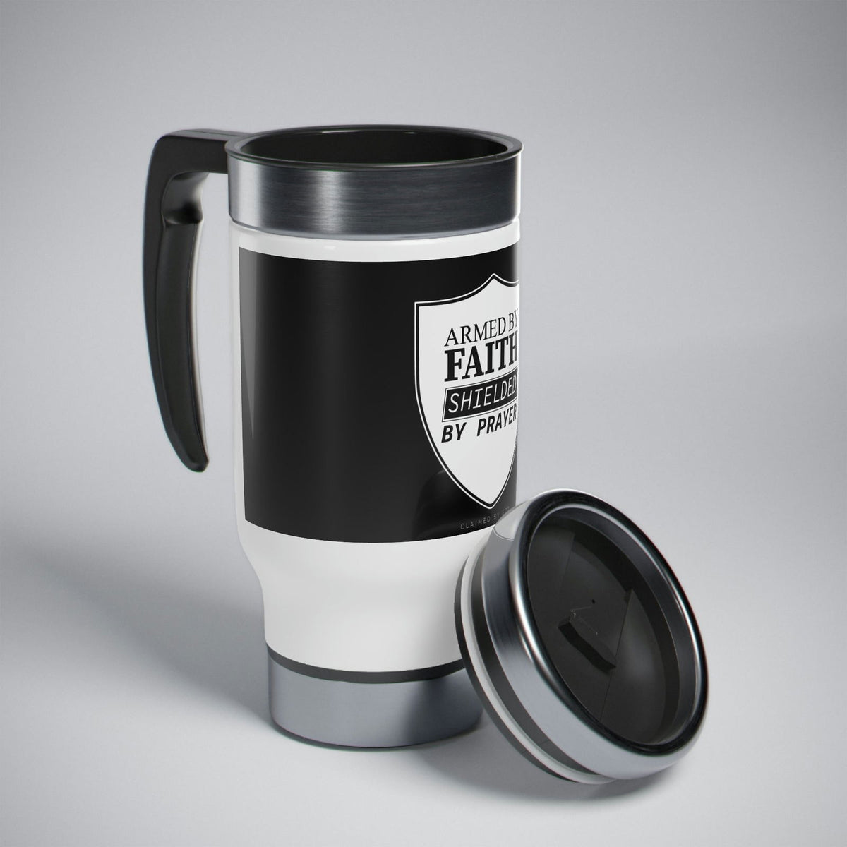 Armed By Faith Shielded By Prayer Travel Mug with Handle, 14oz - ClaimedbyGodDesigns
