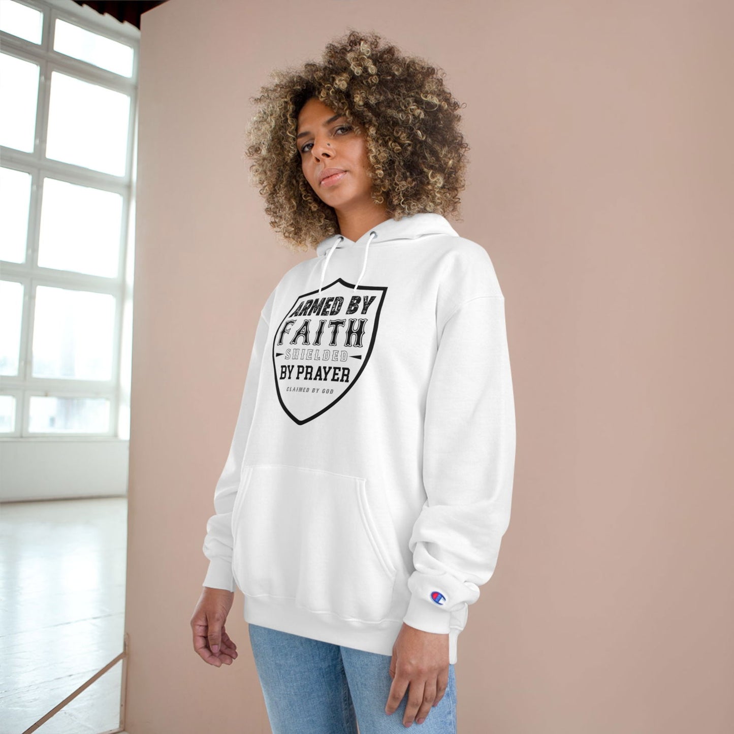 Armed By Faith Shielded By Prayer Unisex Champion Hoodie - ClaimedbyGodDesigns