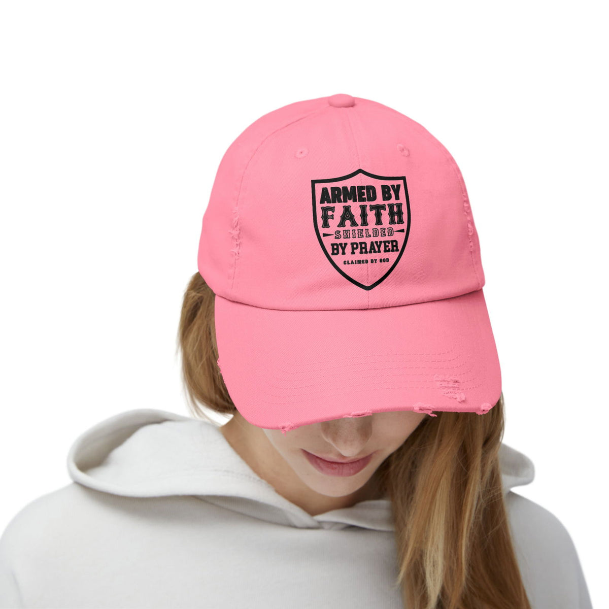 Armed By Faith Shielded By Prayer Unisex Christian Distressed Hat - ClaimedbyGodDesigns
