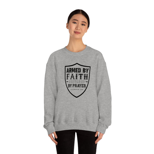 Armed By Faith Shielded By Prayer Unisex Heavy Blend™ Crewneck Sweatshirt - ClaimedbyGodDesigns
