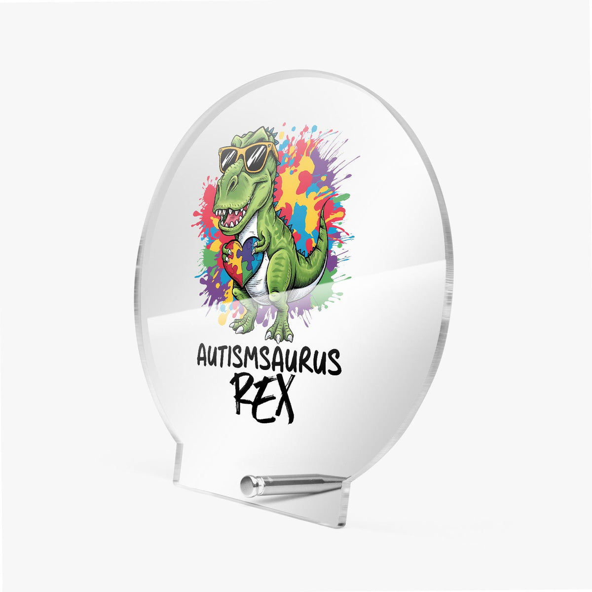 Autism-saurus Rex Acrylic Plaque with Stand - Round Autism Awareness Display Piece - ClaimedbyGodDesigns