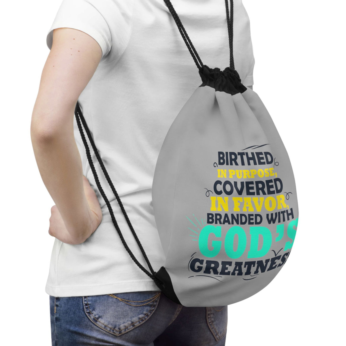 Birthed In Purpose Covered In Faver Branded With God's Greatness Drawstring Bag - ClaimedbyGodDesigns