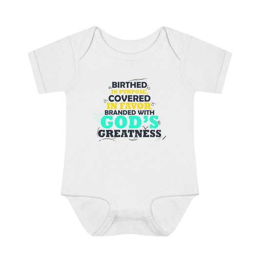 Birthed In Purpose Covered In Favor Branded With God's Greatness Christian Baby Onesie - ClaimedbyGodDesigns