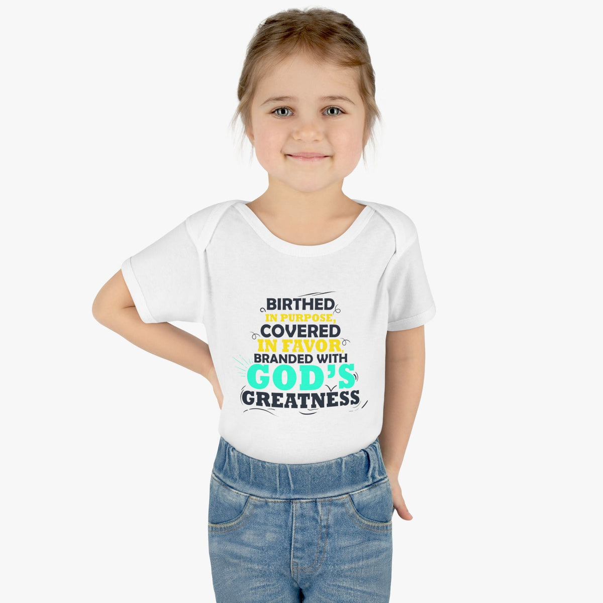Birthed In Purpose Covered In Favor Branded With God's Greatness Christian Baby Onesie - ClaimedbyGodDesigns
