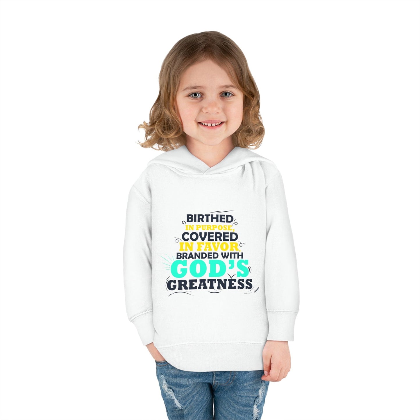 Birthed In Purpose Covered In Favor Branded With God's Greatness Toddler Christian Pullover Fleece Hoodie - ClaimedbyGodDesigns