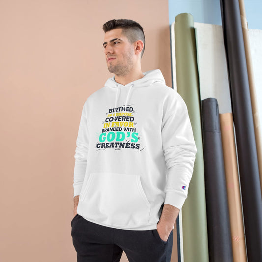Birthed In Purpose Covered In Favor Branded With God's Greatness Unisex Champion Hoodie - ClaimedbyGodDesigns