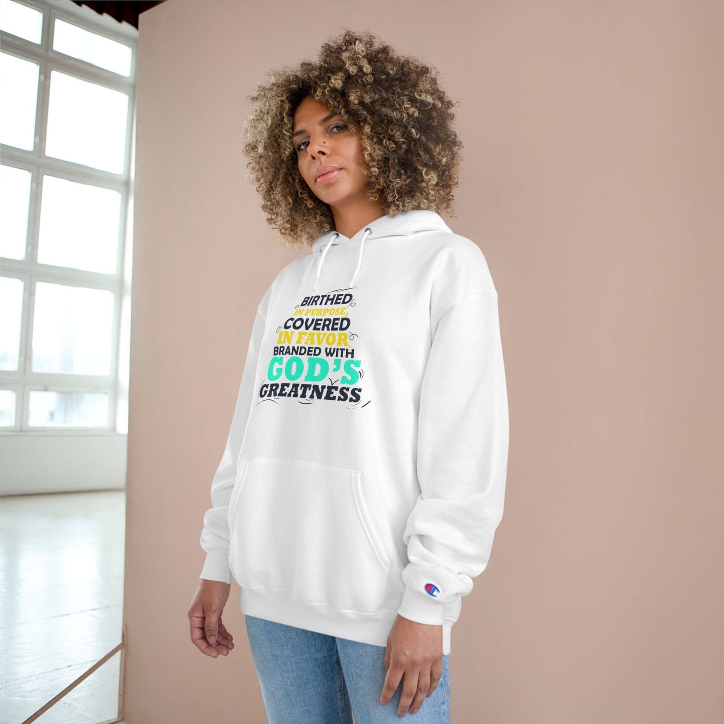 Birthed In Purpose Covered In Favor Branded With God's Greatness Unisex Champion Hoodie - ClaimedbyGodDesigns