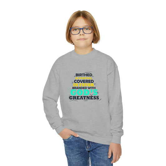 Birthed In Purpose Covered In Favor Branded With God's Greatness Youth Christian Sweatshirt - ClaimedbyGodDesigns