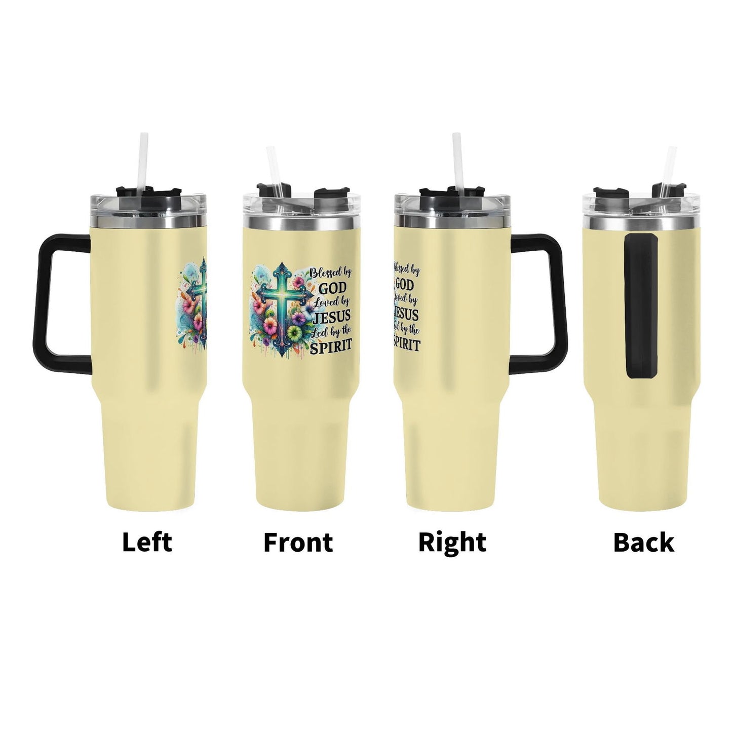 Blessed By God, Loved By Jesus, Led By The Spirit 40oz Stainless Steel Christian Tumbler Gift With Black Handle and Straw - ClaimedbyGodDesigns