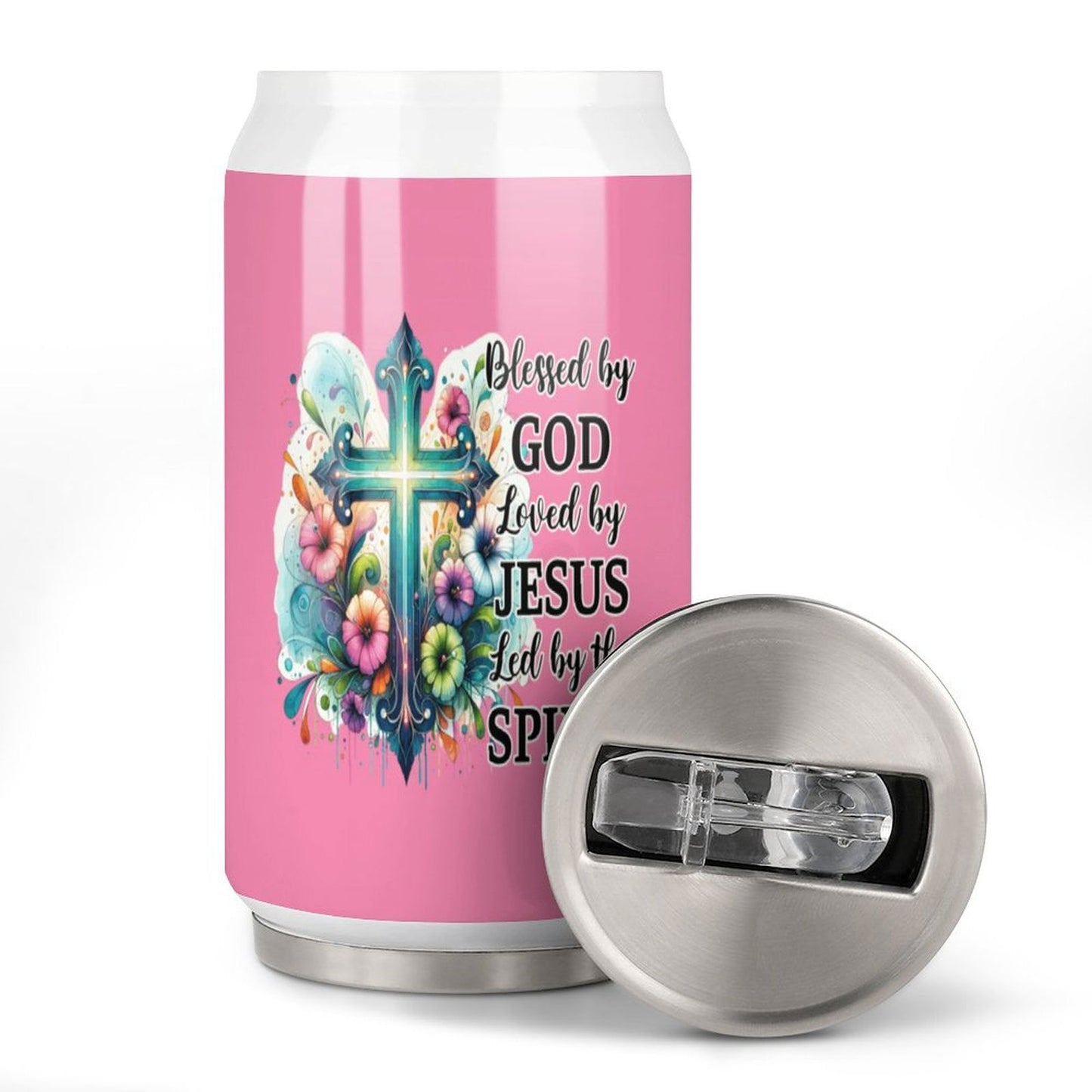 Blessed By God Loved By Jesus Led By The Spirit Unique Christian Stainless Steel Tumbler with Straw - ClaimedbyGodDesigns