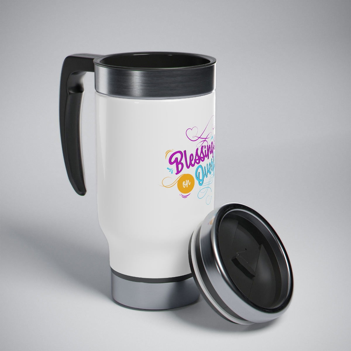 Blessings on Overflow Stainless Steel Travel Mug with Handle, 14oz - ClaimedbyGodDesigns