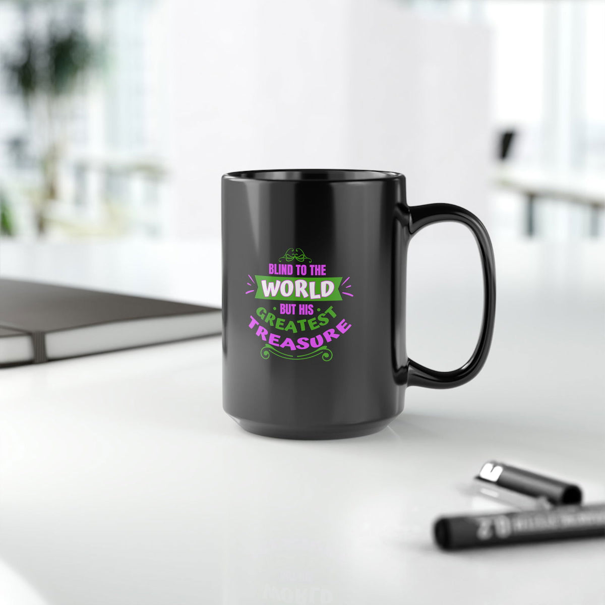 Blind To The World But His Greatest Treasure Black Ceramic Mug, 15oz (double sided print) - ClaimedbyGodDesigns