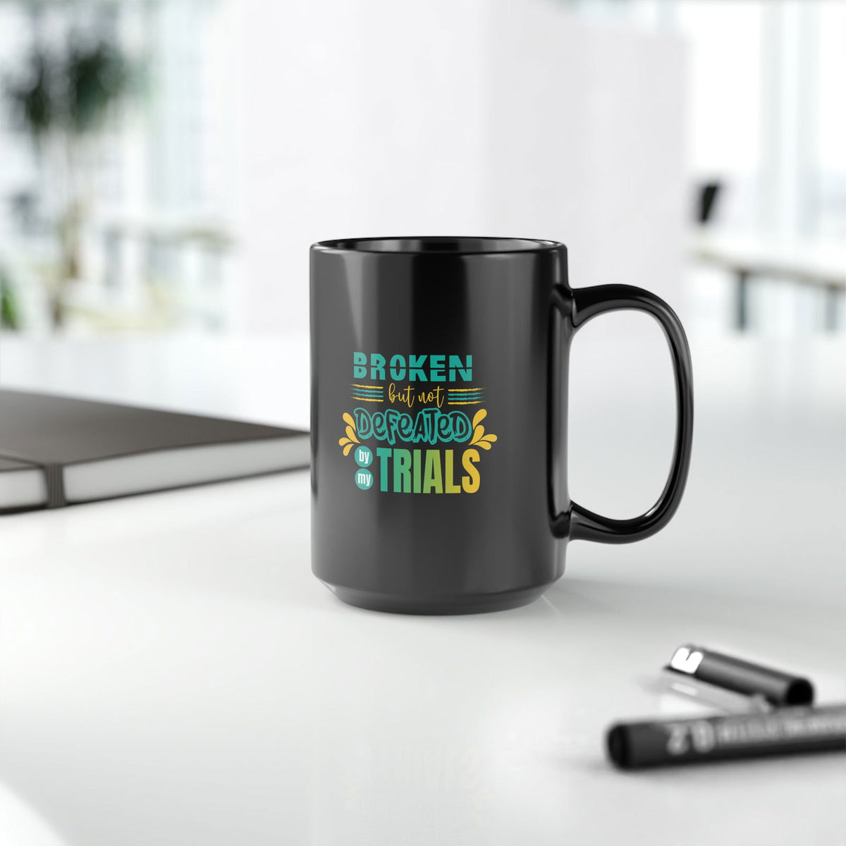 Broken But Not Defeated By My Trials Christian Black Ceramic Mug, 15oz (double sided print) - ClaimedbyGodDesigns