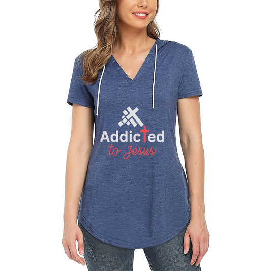 More Of Him- Women's Christian Short Sleeve V-Neck Hoodie T-Shirt | Faith-Inspired Casual Gym Wear - ClaimedbyGodDesigns