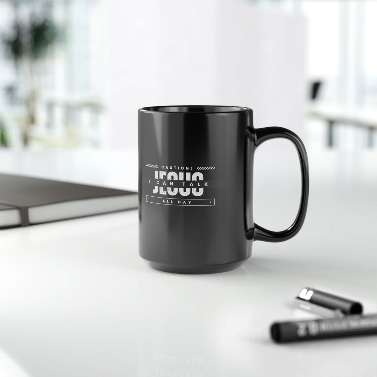 Caution I Can Talk Jesus All Day Black Ceramic Mug, 15oz (double sided print) - ClaimedbyGodDesigns