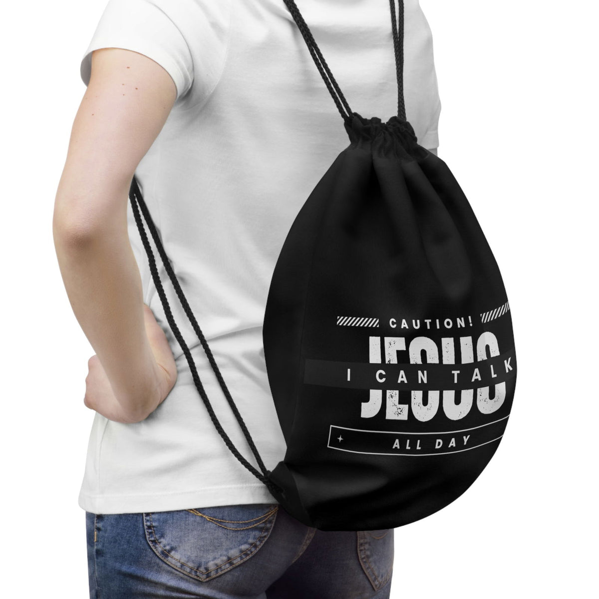 Caution I Can Talk Jesus All Day Christian Drawstring Bag - ClaimedbyGodDesigns