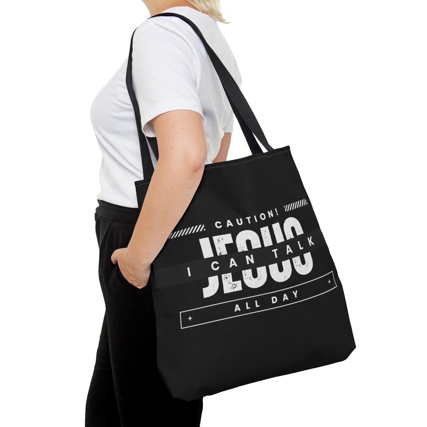 Caution I Can Talk Jesus All Day Tote Bag - ClaimedbyGodDesigns