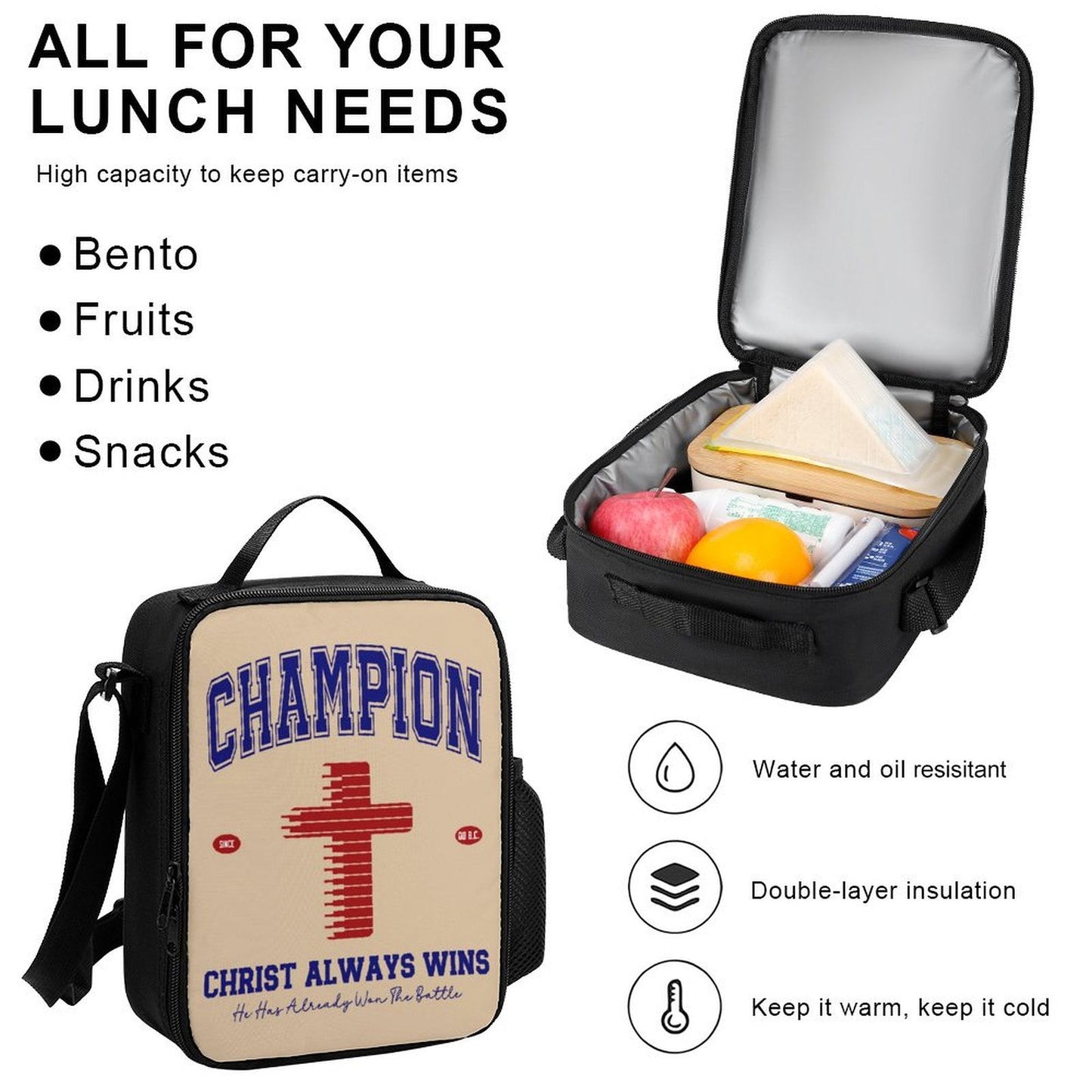 Champion Christ Always Wins Christian Backpack Set of 3 Bags (Shoulder Bag Lunch Bag & Pencil Pouch) - ClaimedbyGodDesigns