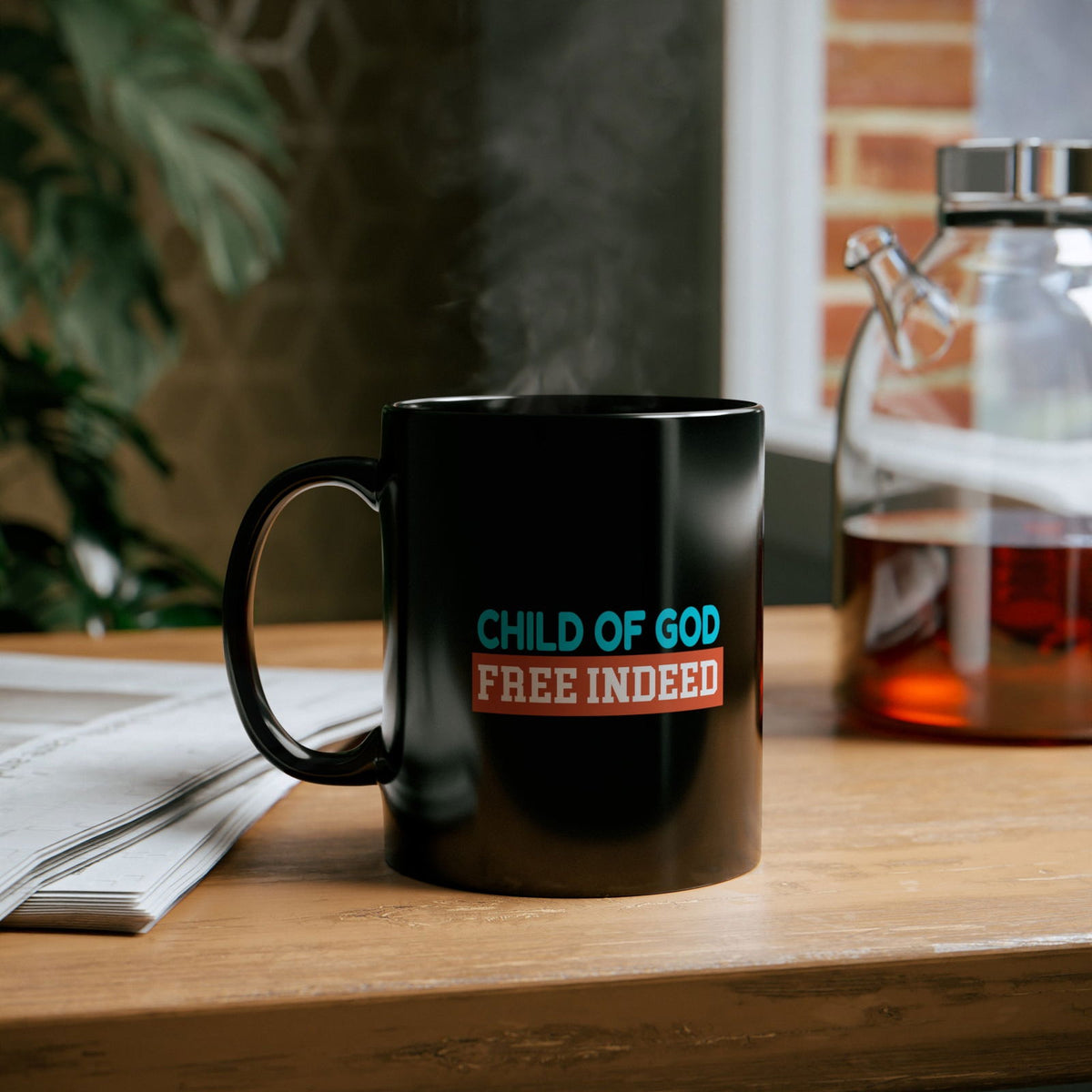 Child Of God Free Indeed Christian Black Ceramic Mug 11oz (double sided print) - ClaimedbyGodDesigns