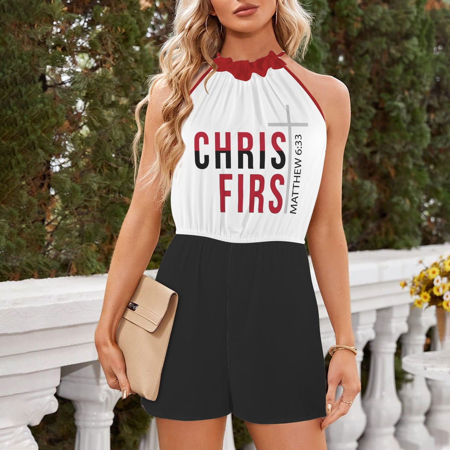 Christ First Halterneck High Waist Pocket Shorts Christian Romper - ClaimedbyGodDesigns