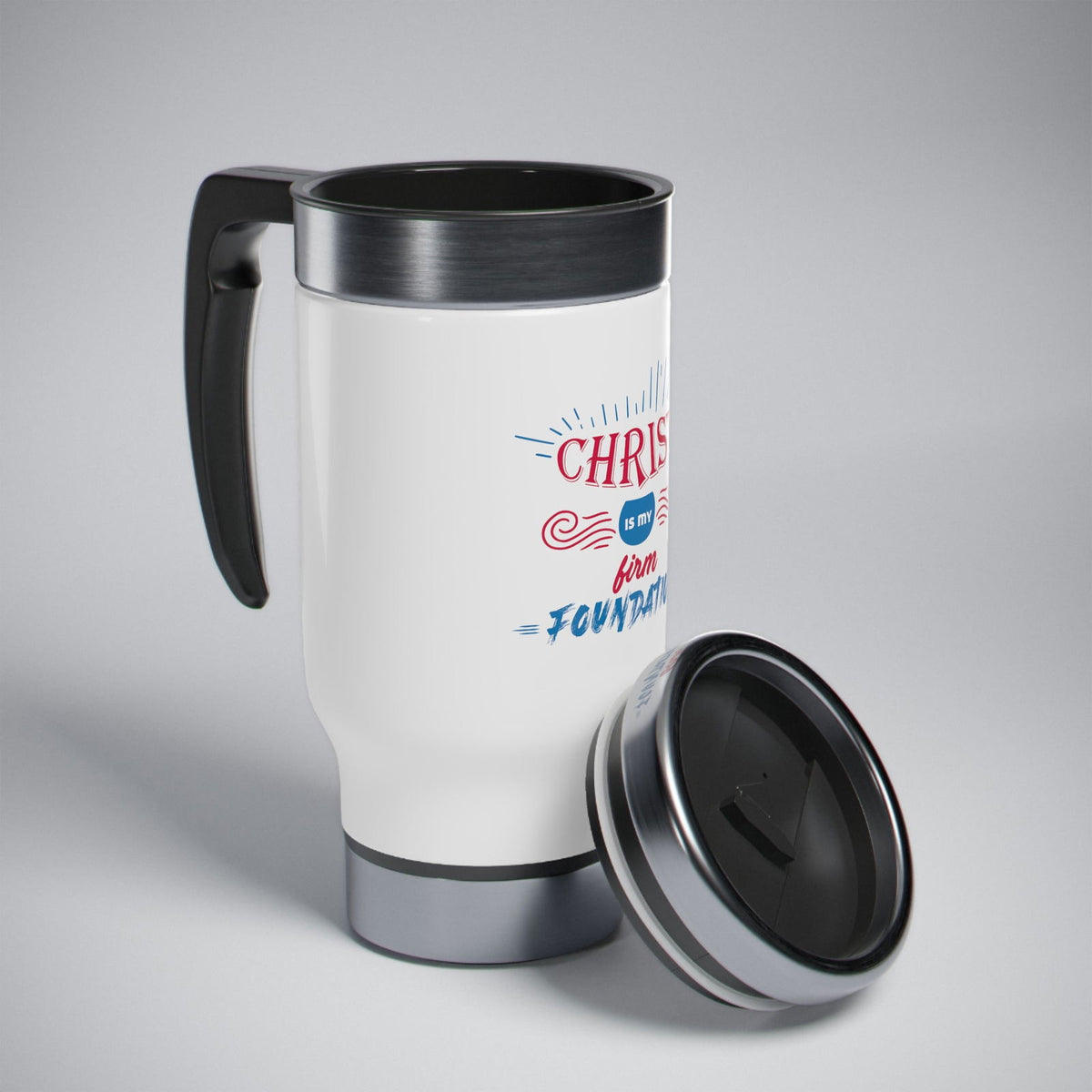 Christ Is My Firm Foundation Travel Mug with Handle, 14oz - ClaimedbyGodDesigns