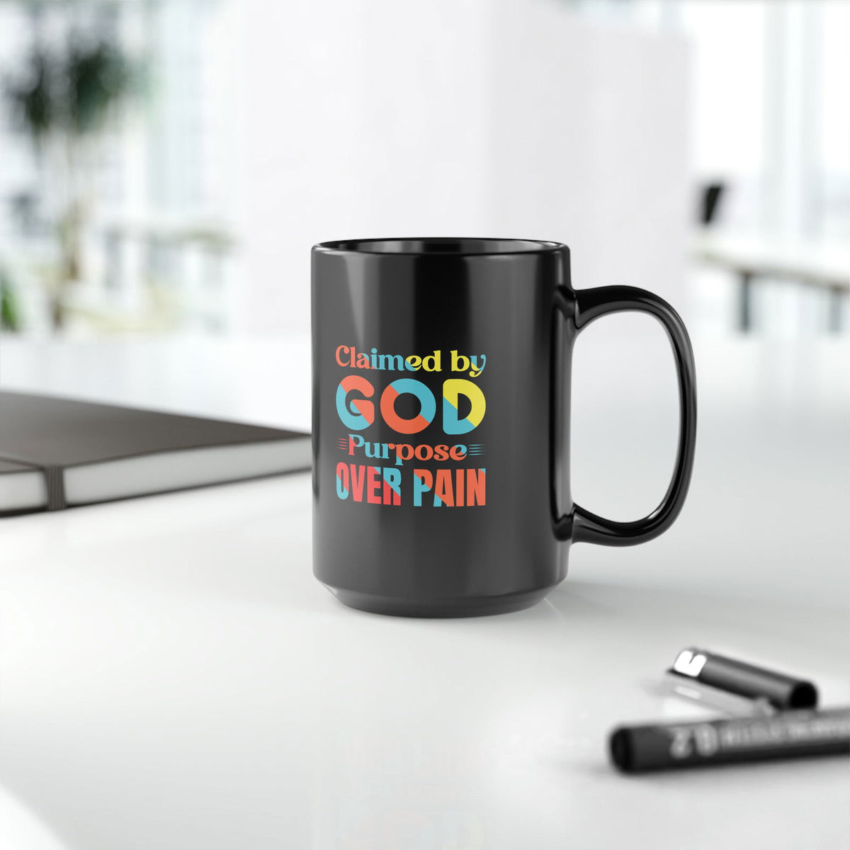 Claimed By God Purpose Over Pain Christian Black Ceramic Mug, 15oz (double sided print) - ClaimedbyGodDesigns