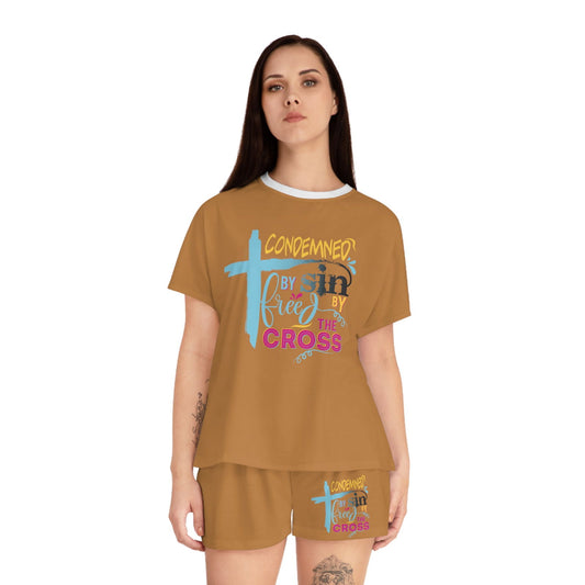 Condemned By Sin Freed By The Cross Women's Christian Short Pajama Set - ClaimedbyGodDesigns