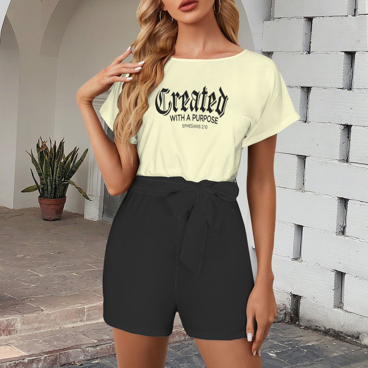 Created With A Purpose Christian Women's Belt Keyhole Back Short Sleeve Romper - ClaimedbyGodDesigns