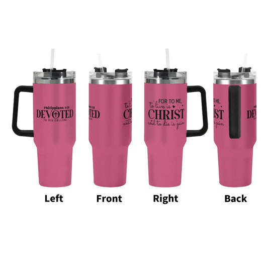Devoted To His Calling 40oz Stainless Steel Christian Tumbler Gift With Black Handle and Straw - ClaimedbyGodDesigns