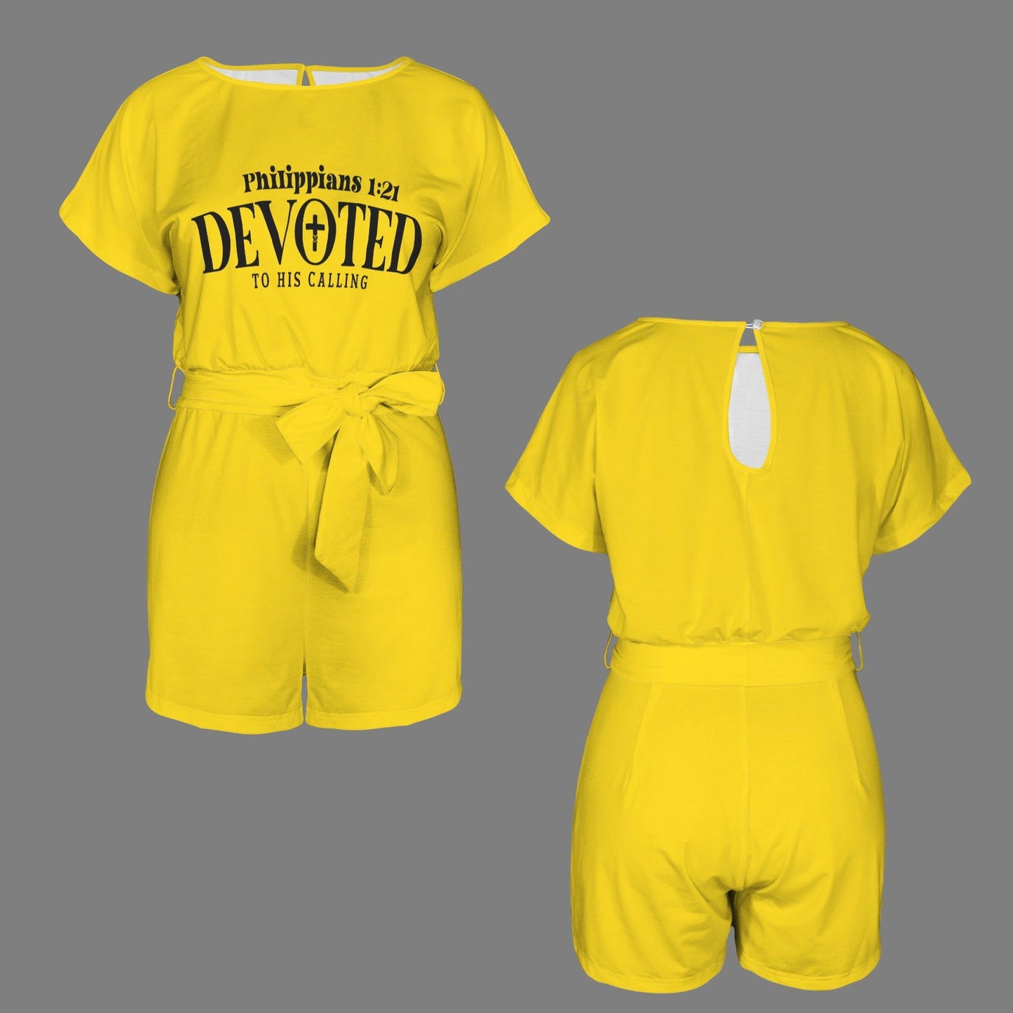 Devoted To His Calling Christian Women's Belt Keyhole Back Short Sleeve Romper - ClaimedbyGodDesigns