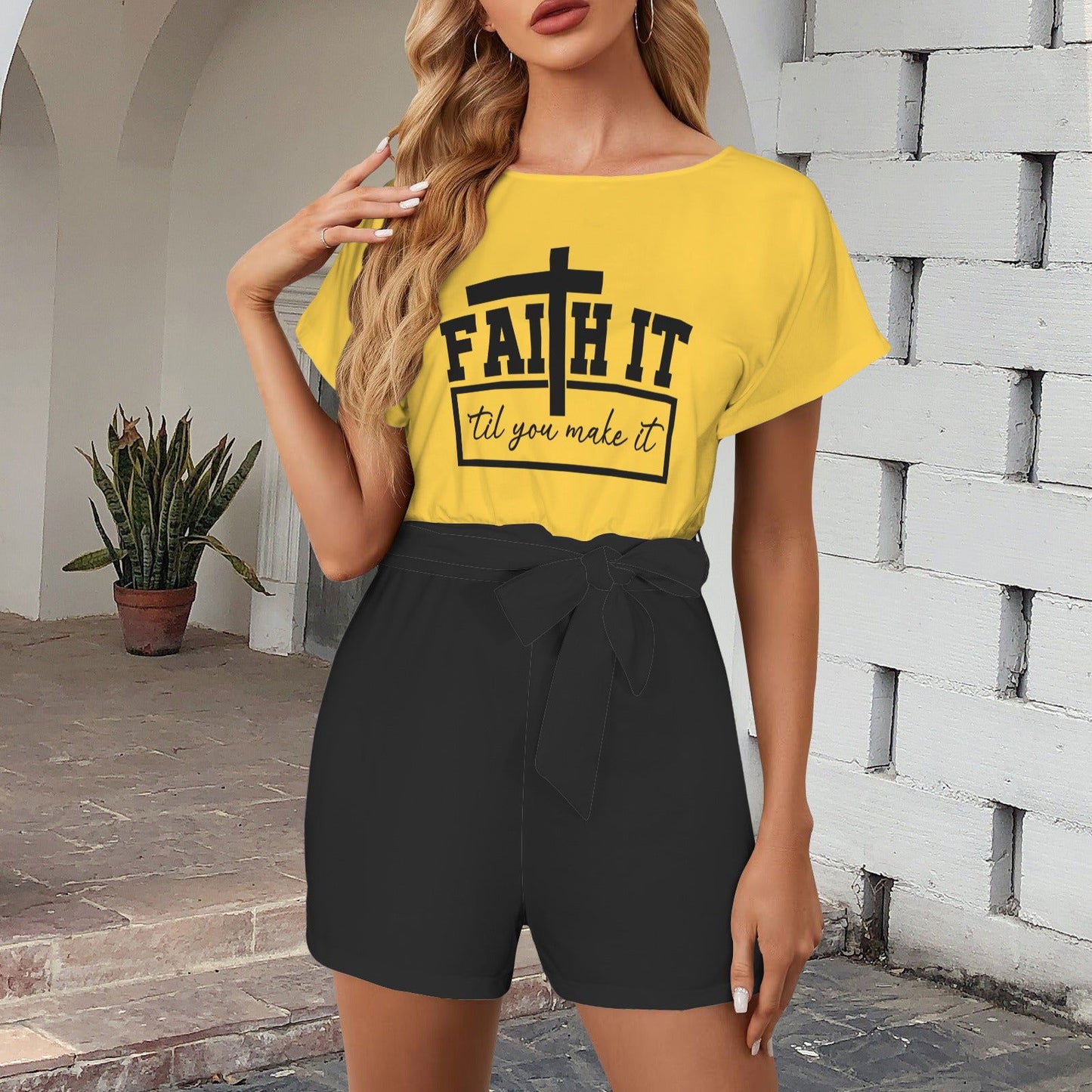 Faith It 'Til You Make It Christian Women's Belt Keyhole Back Short Sleeve Christian Romper - ClaimedbyGodDesigns