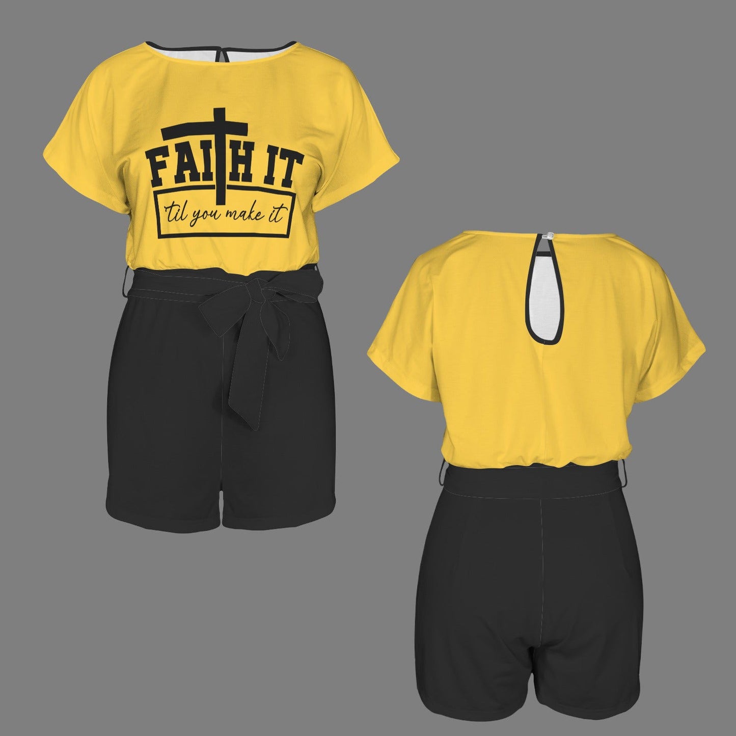 Faith It 'Til You Make It Christian Women's Belt Keyhole Back Short Sleeve Romper - ClaimedbyGodDesigns