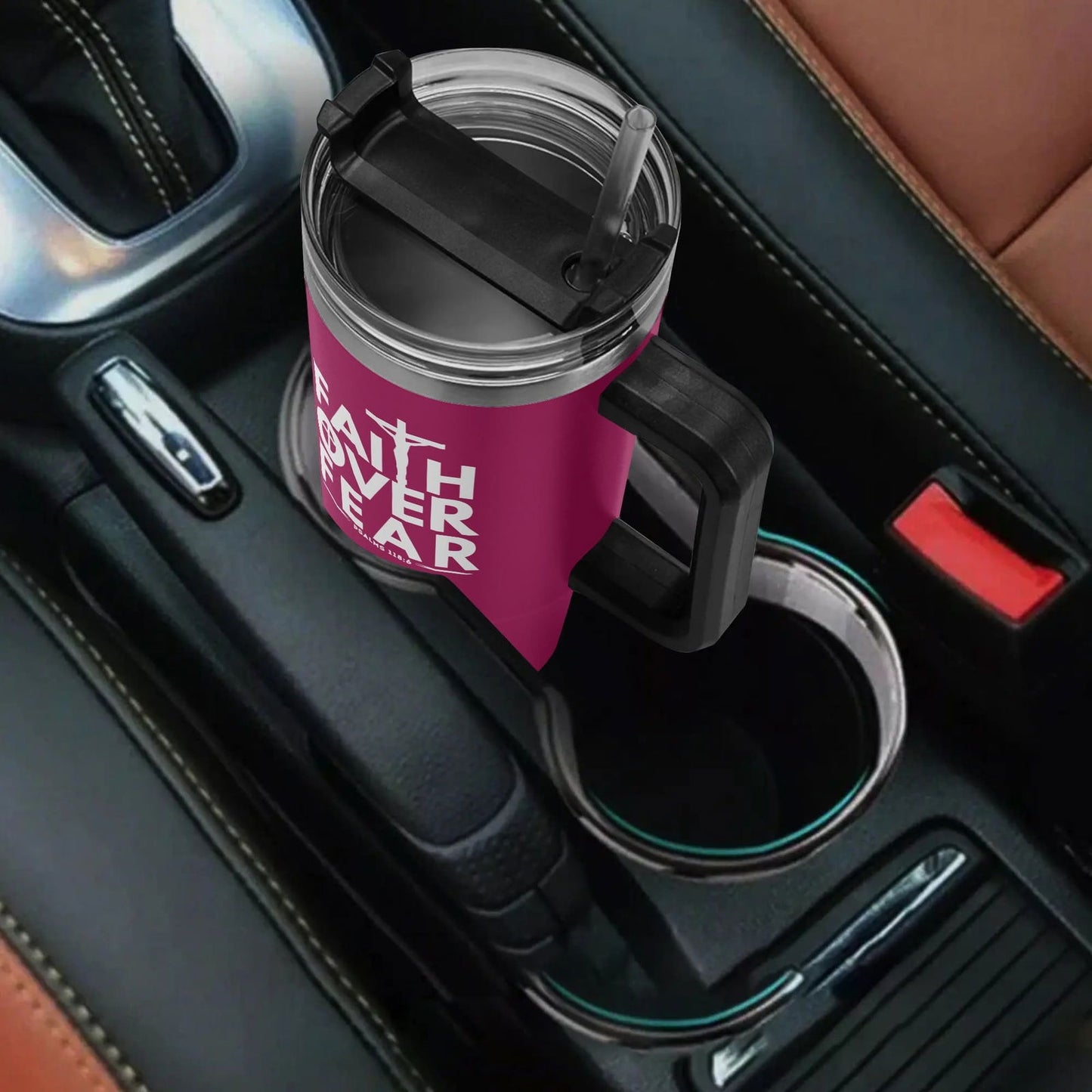 Faith Over Fear 40oz Stainless Steel Christian Tumbler Gift With Black Handle and Straw - ClaimedbyGodDesigns