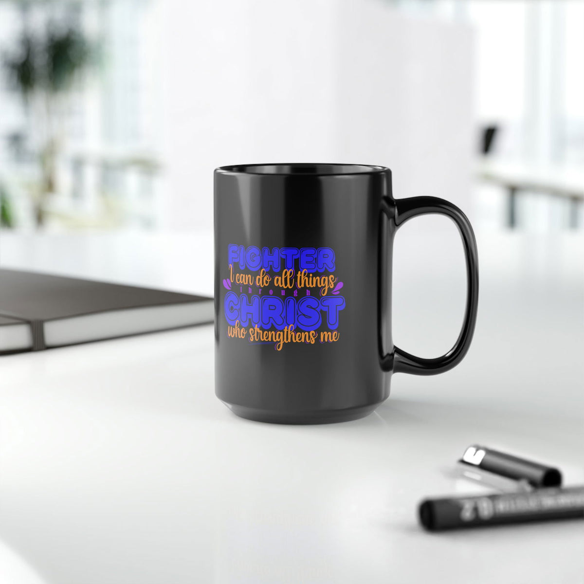 Fighter I Can Do All Things Through Christ Who Strengthens Me Black Ceramic Mug, 15oz (double sided printing) - ClaimedbyGodDesigns