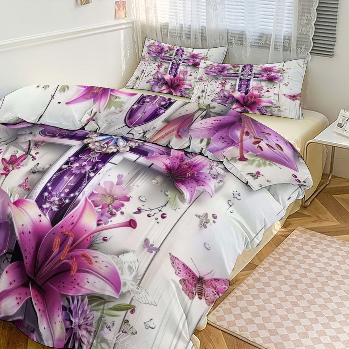 Floral Cross 3-Piece Christian Comforter Bedding Set - ClaimedbyGodDesigns