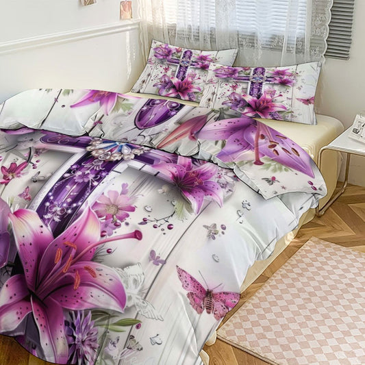 Floral Cross 3-Piece Christian Comforter Bedding Set - ClaimedbyGodDesigns