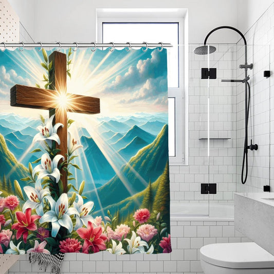 Flowered Cross Christian Waterproof Shower Curtain - ClaimedbyGodDesigns