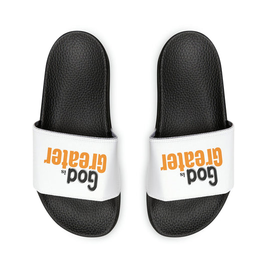 God Is Greater Men's PU Christian Slide Sandals - ClaimedbyGodDesigns