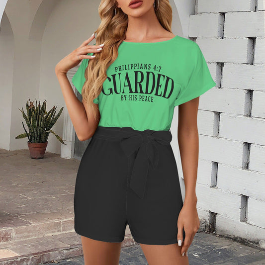 Guarded By His Peace Christian Women's Belt Keyhole Back Short Sleeve Romper - ClaimedbyGodDesigns