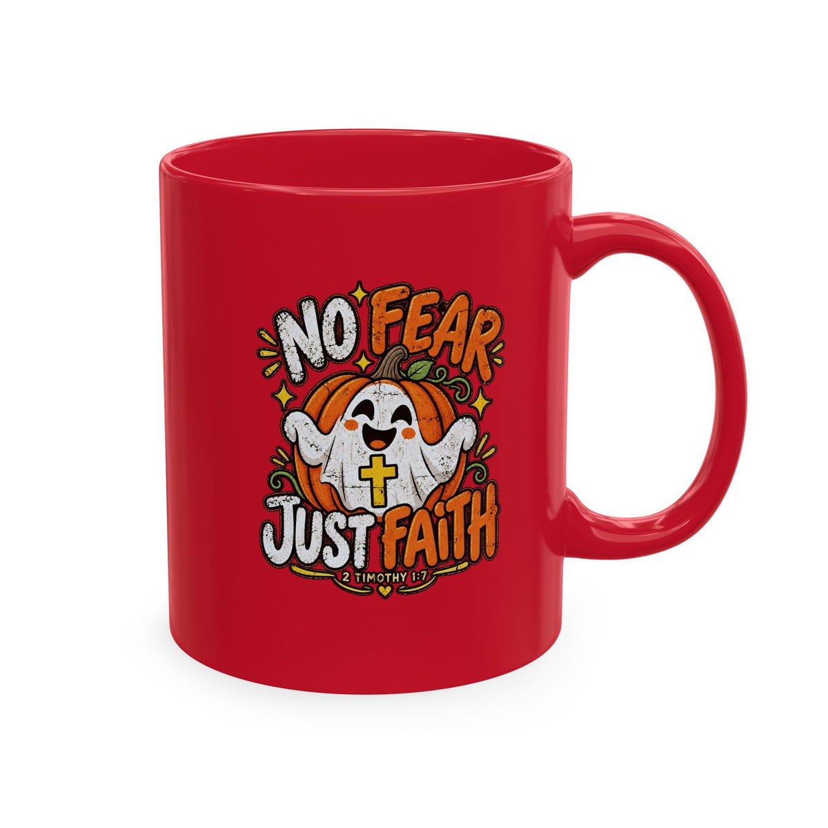 Halloween Ghost Christian Ceramic Mug — "No Fear, Just Faith" Pumpkin Coffee Cup - ClaimedbyGodDesigns