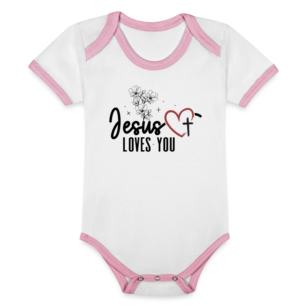 He Loves you Christian Organic Contrast Short Sleeve Baby Onesie - ClaimedbyGodDesigns